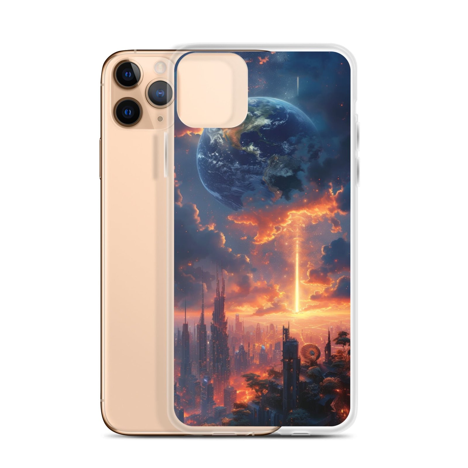 A clear iPhone case featuring an image of a city at sunset on Earth.