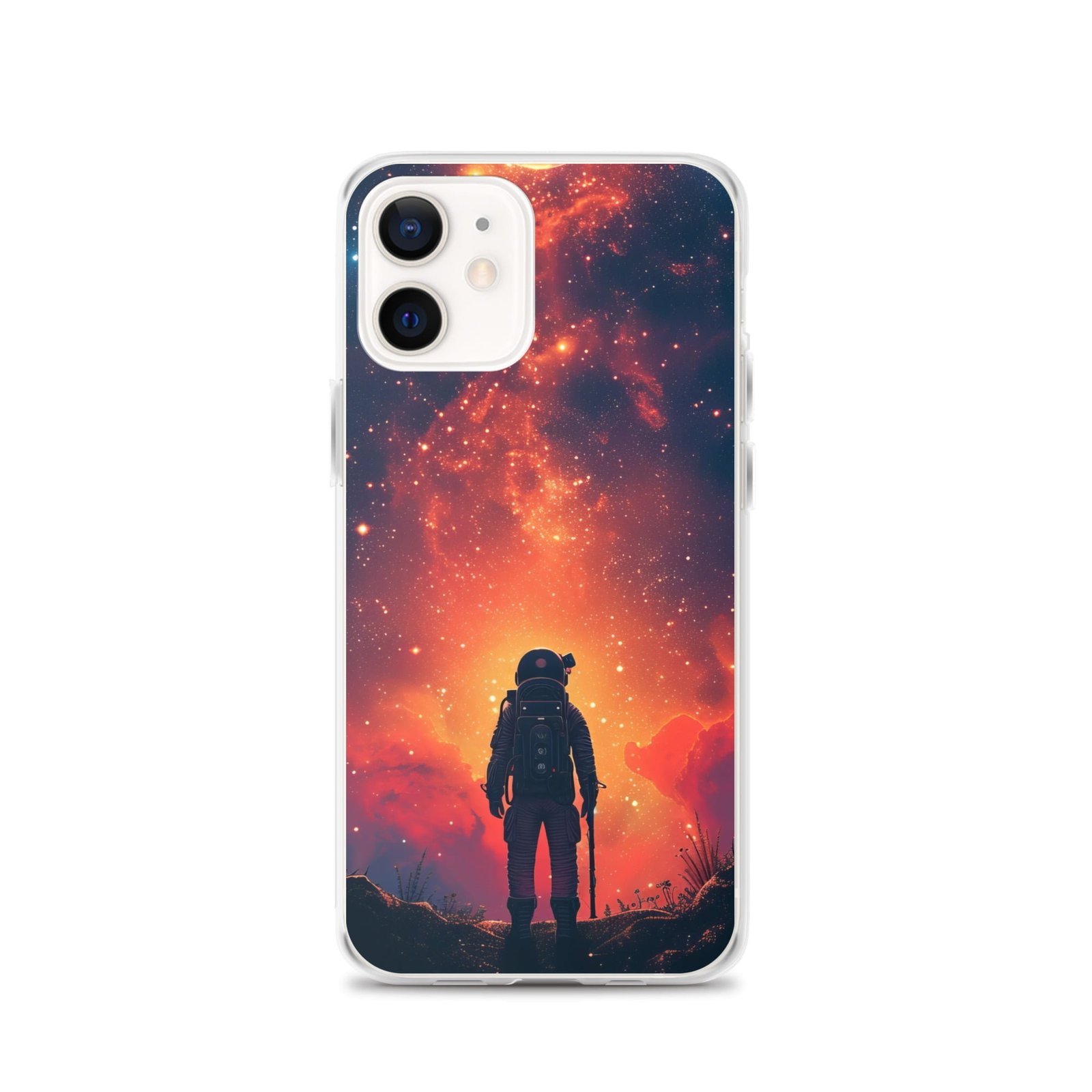 A clear iPhone case with a picture of a man standing on a hill.