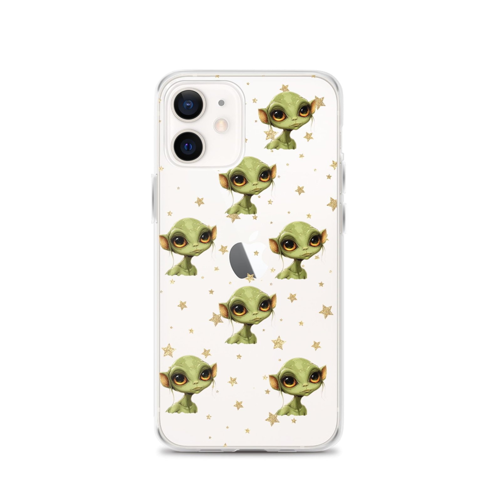 A clear iPhone case adorned with vibrant green aliens and twinkling stars, creating a deep space-inspired design.