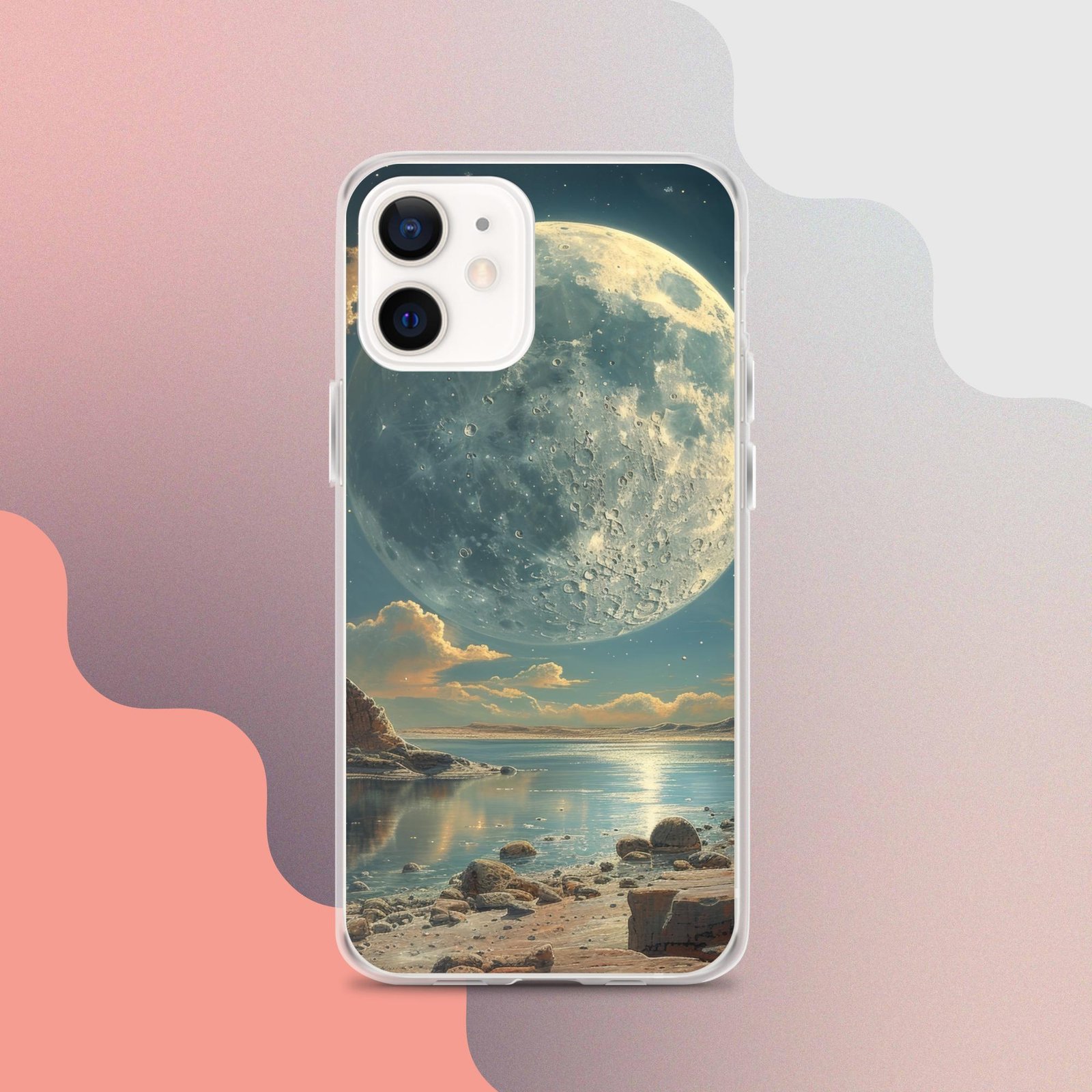 A clear iPhone case featuring a captivating image of the moon reflected on shimmering water.