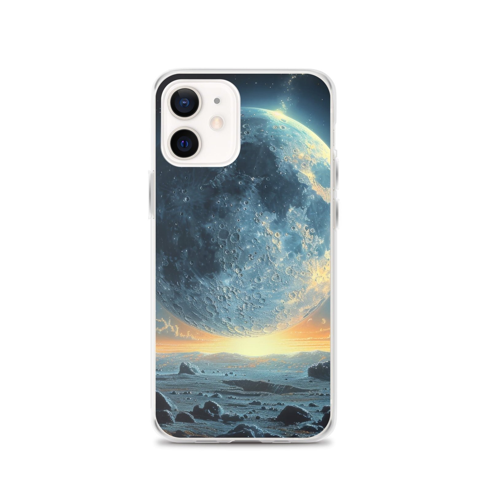 A Clear Case iPhone cover featuring an image of the moon and rocks, bringing you closer to the Moon.