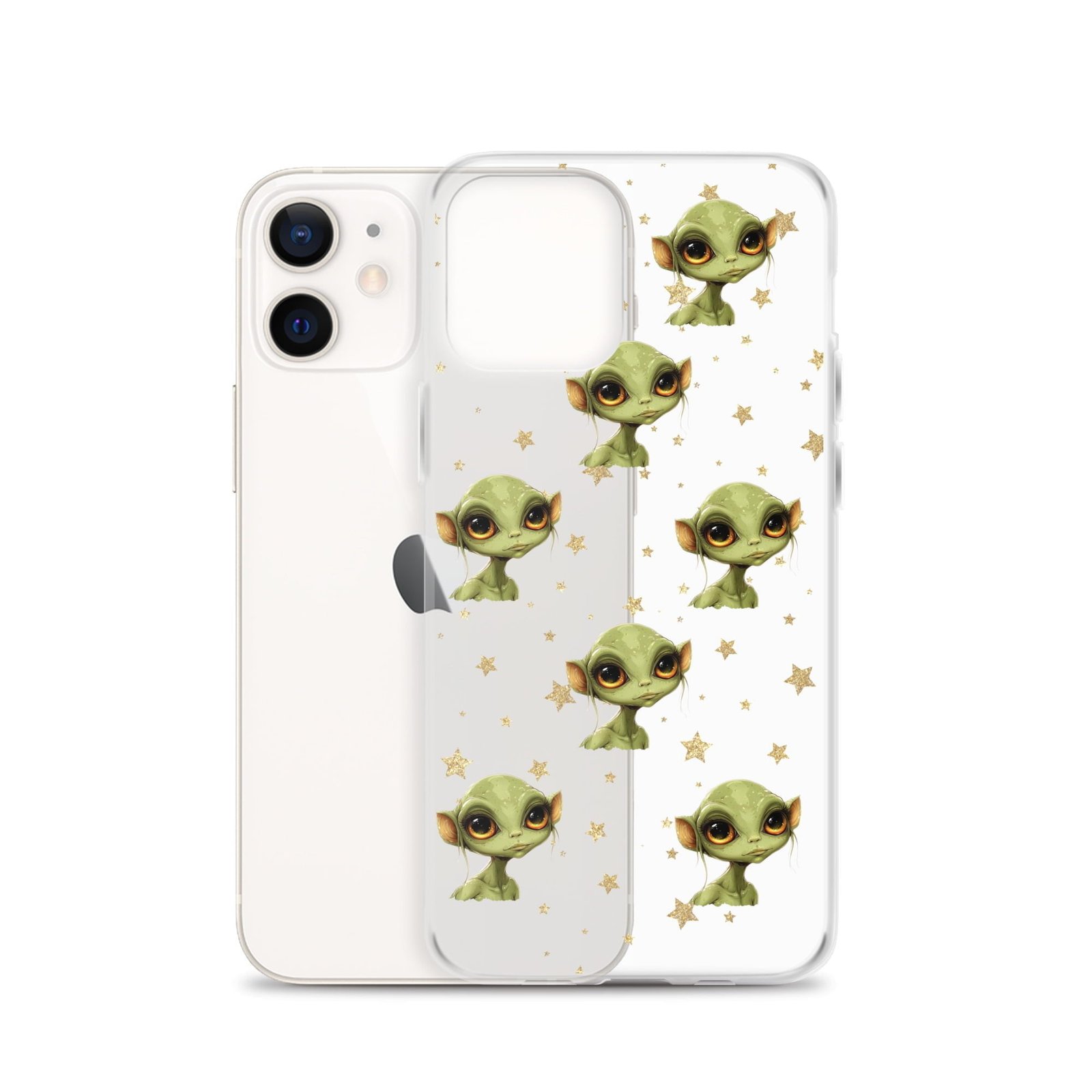 A clear cell phone case with a green alien character on it.