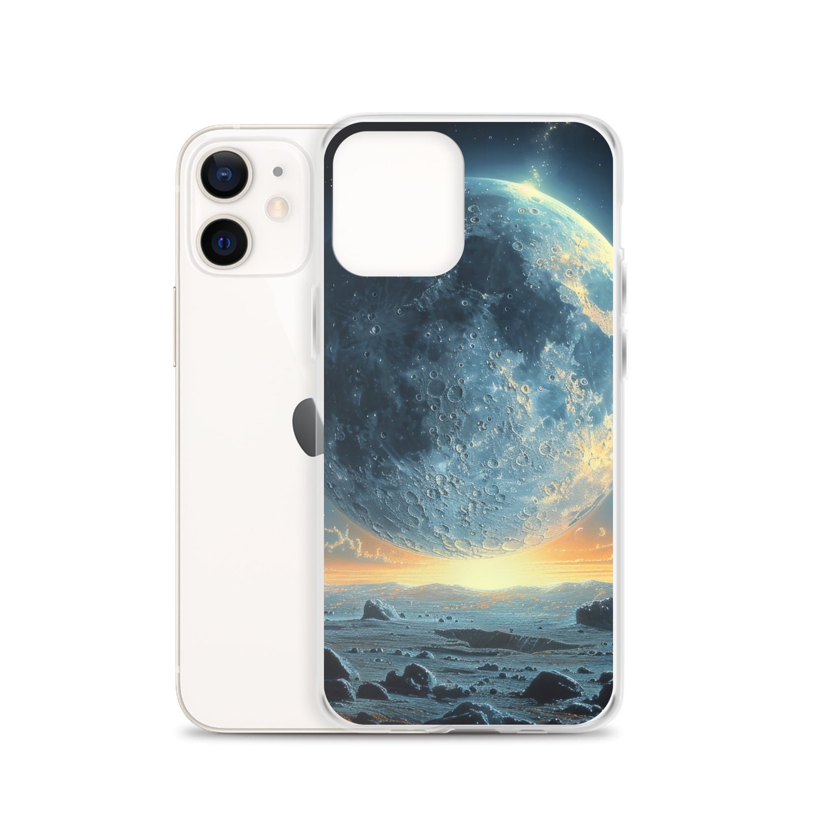 A clear iPhone® case featuring an image of the moon, bringing you closer to the lunar landscape with rocks.