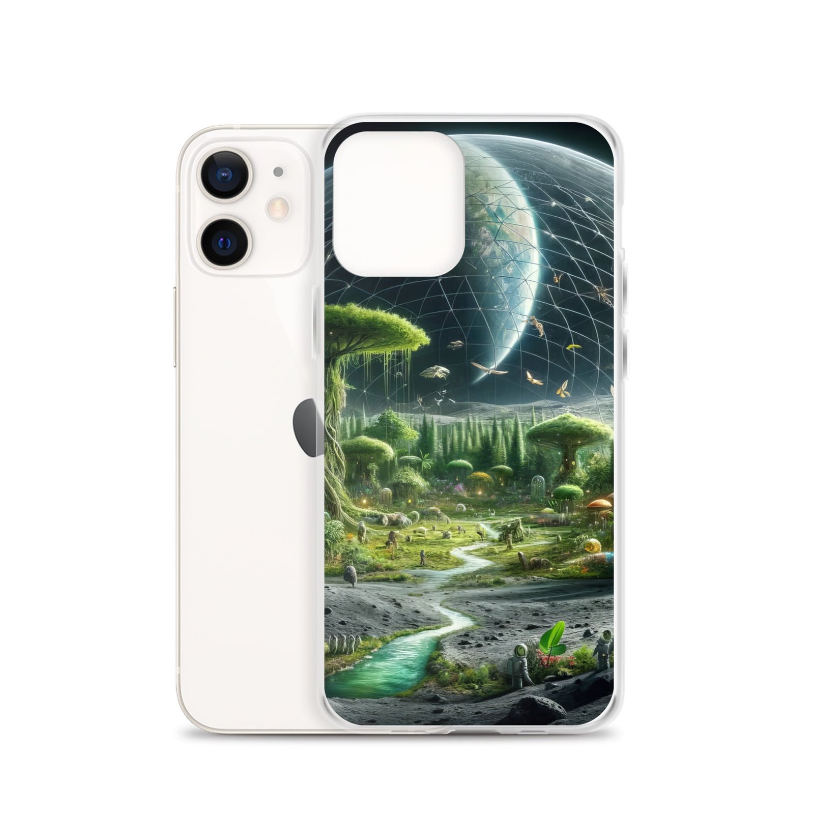 A clear case for an iPhone featuring an image of a planet teeming with life, adorned with trees and a river.