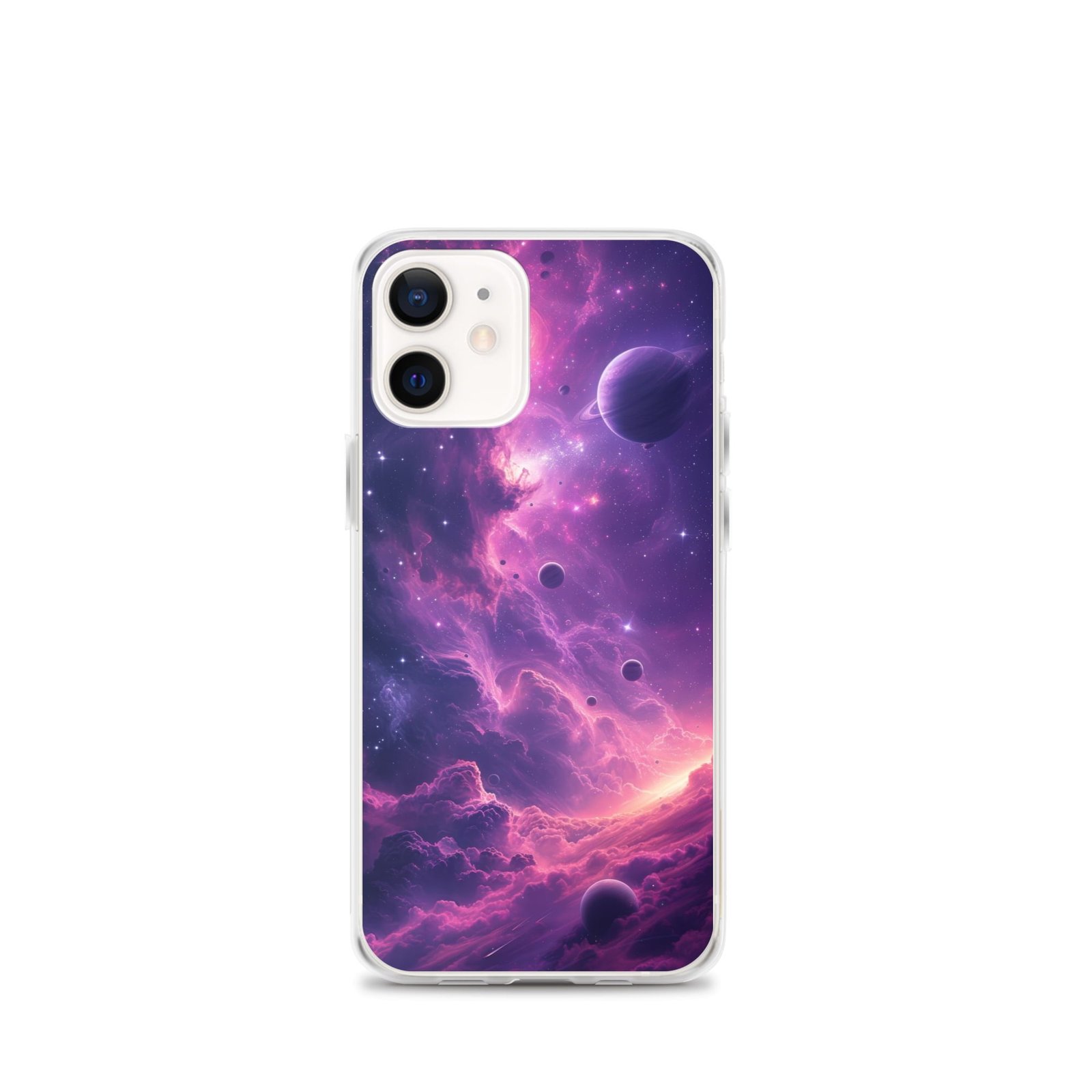 An iPhone case adorned with the mysterious beauty of a purple galaxy and planets.