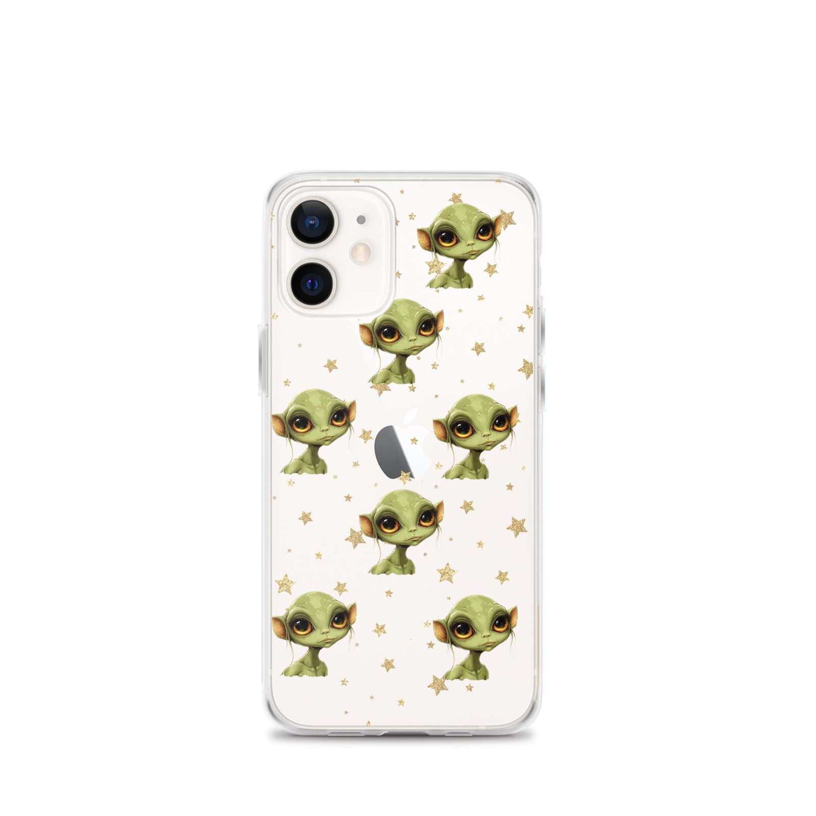 A clear iPhone case featuring green aliens.