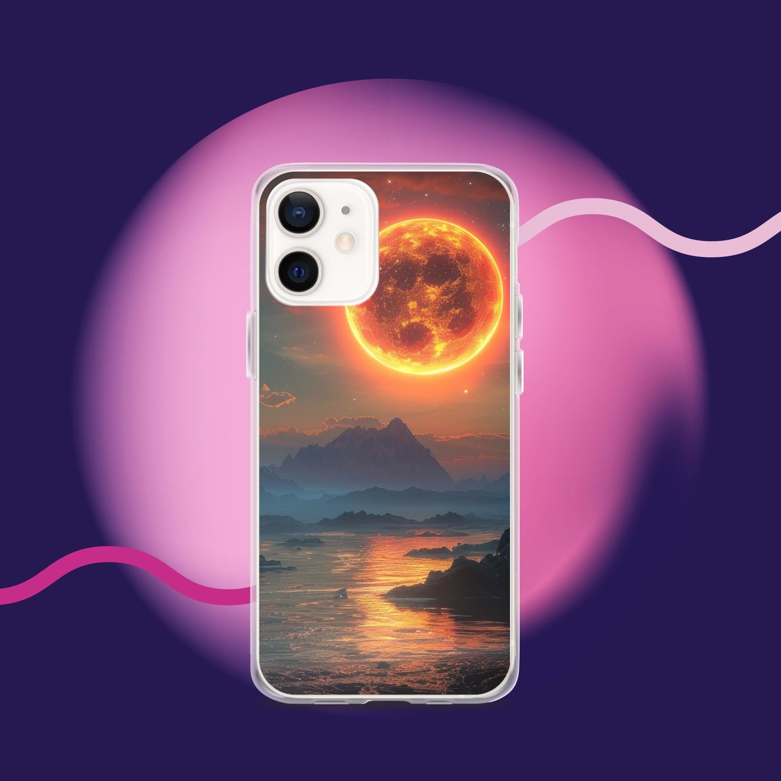 A Clear Case with an image of the moon and ocean designed for iPhone.