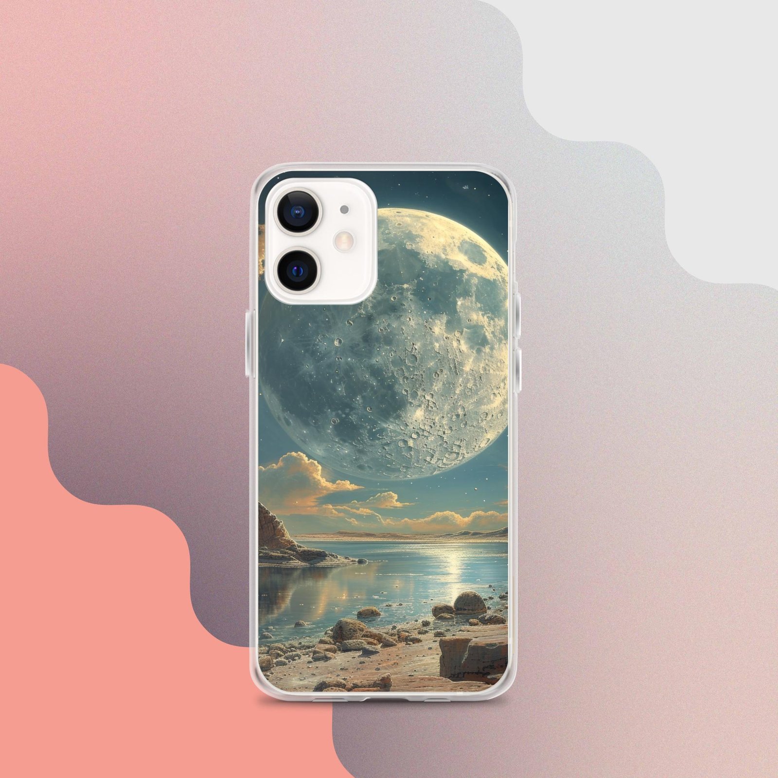 This iPhone Clear Case showcases a captivating image of the moon against a serene water backdrop.