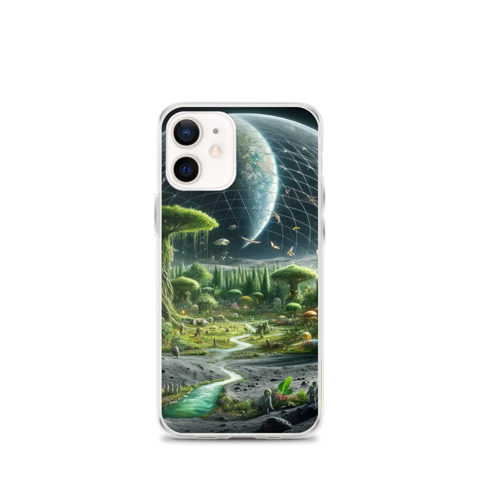 A clear iPhone case featuring an image of a mesmerizing alien landscape with hints of moon-like elements, capturing the imagination and sparking curiosity about the possibility of extraterrestrial life.
