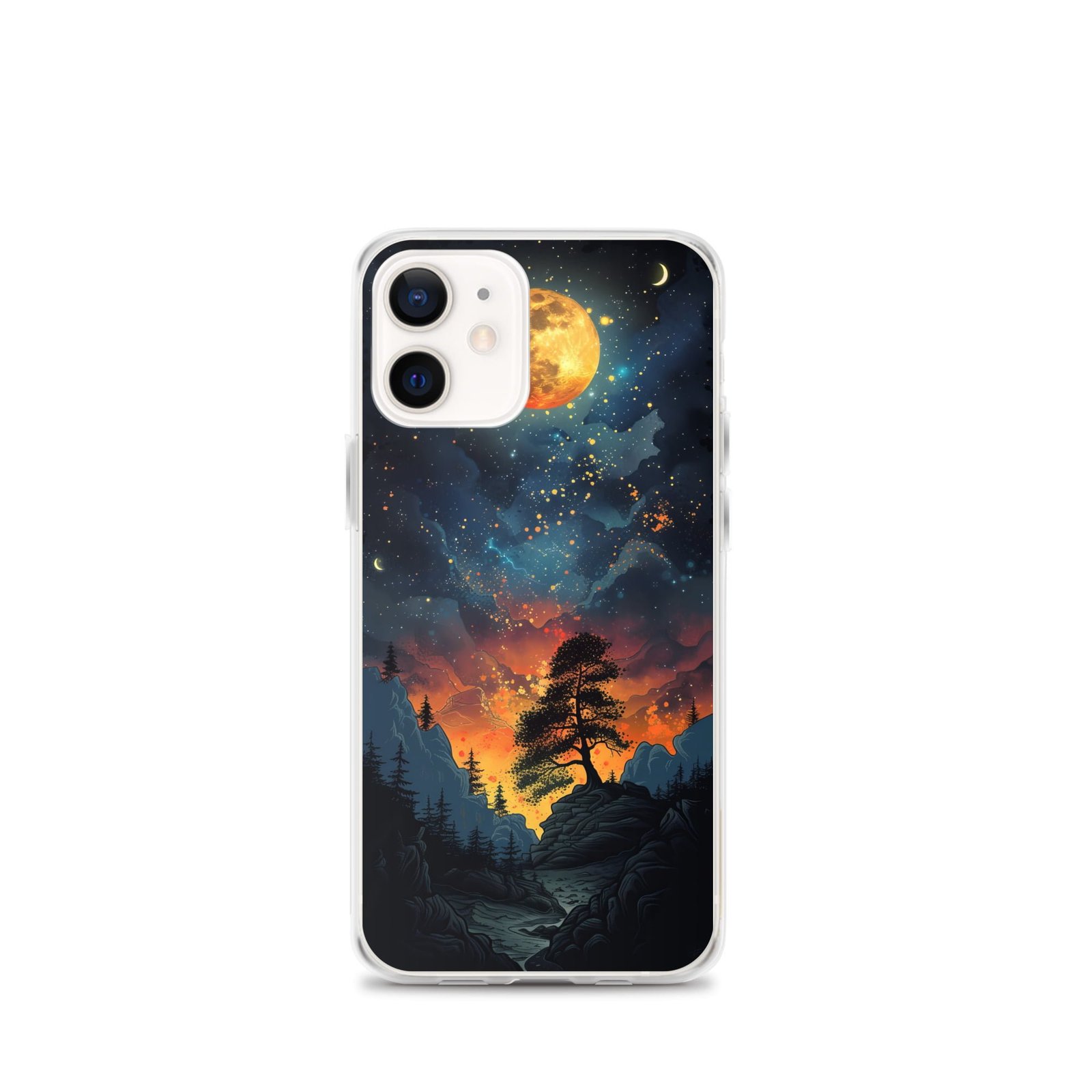 A Clear iPhone Case featuring a beautiful Night Sky with a moon and trees.