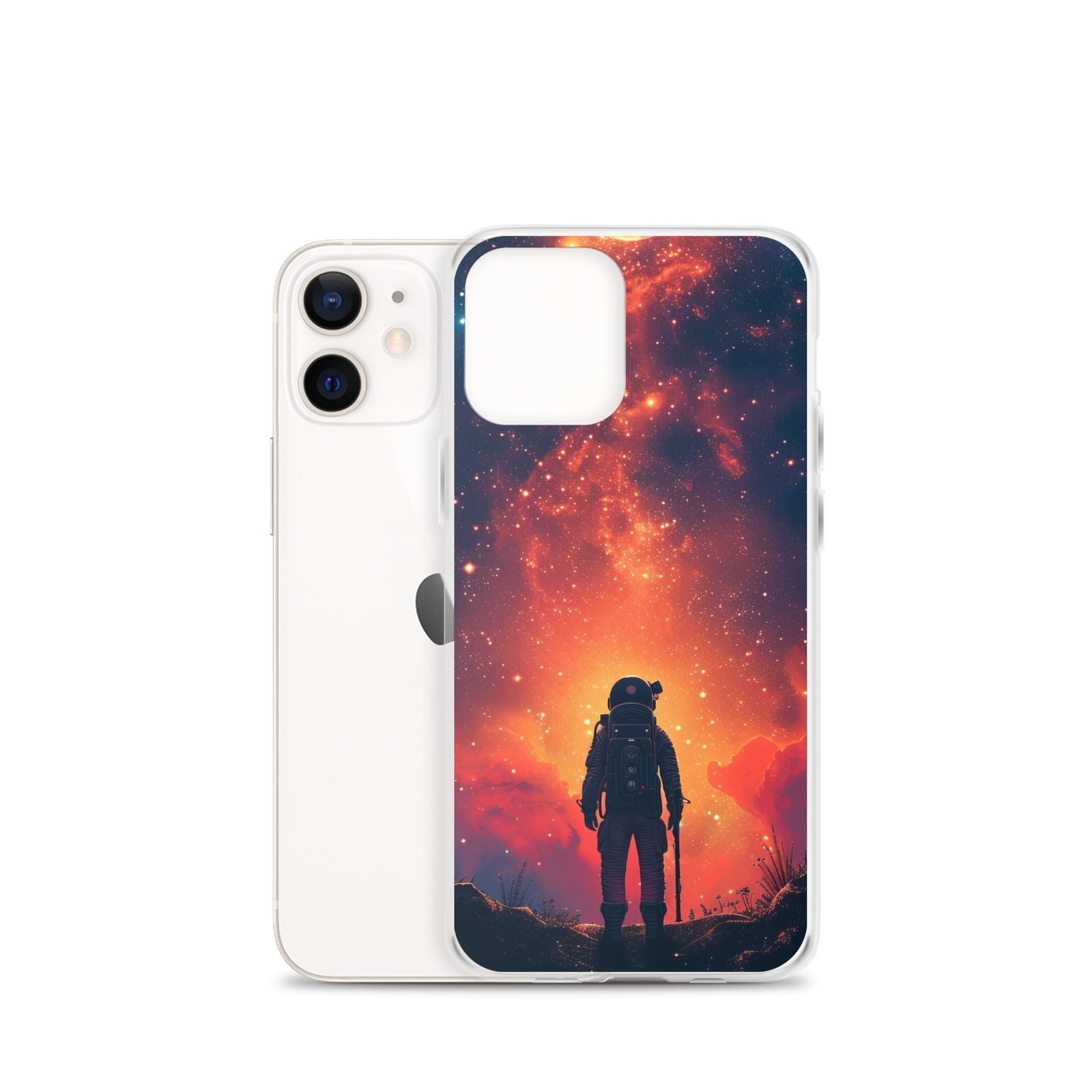A clear phone case with a picture of an astronaut on it.