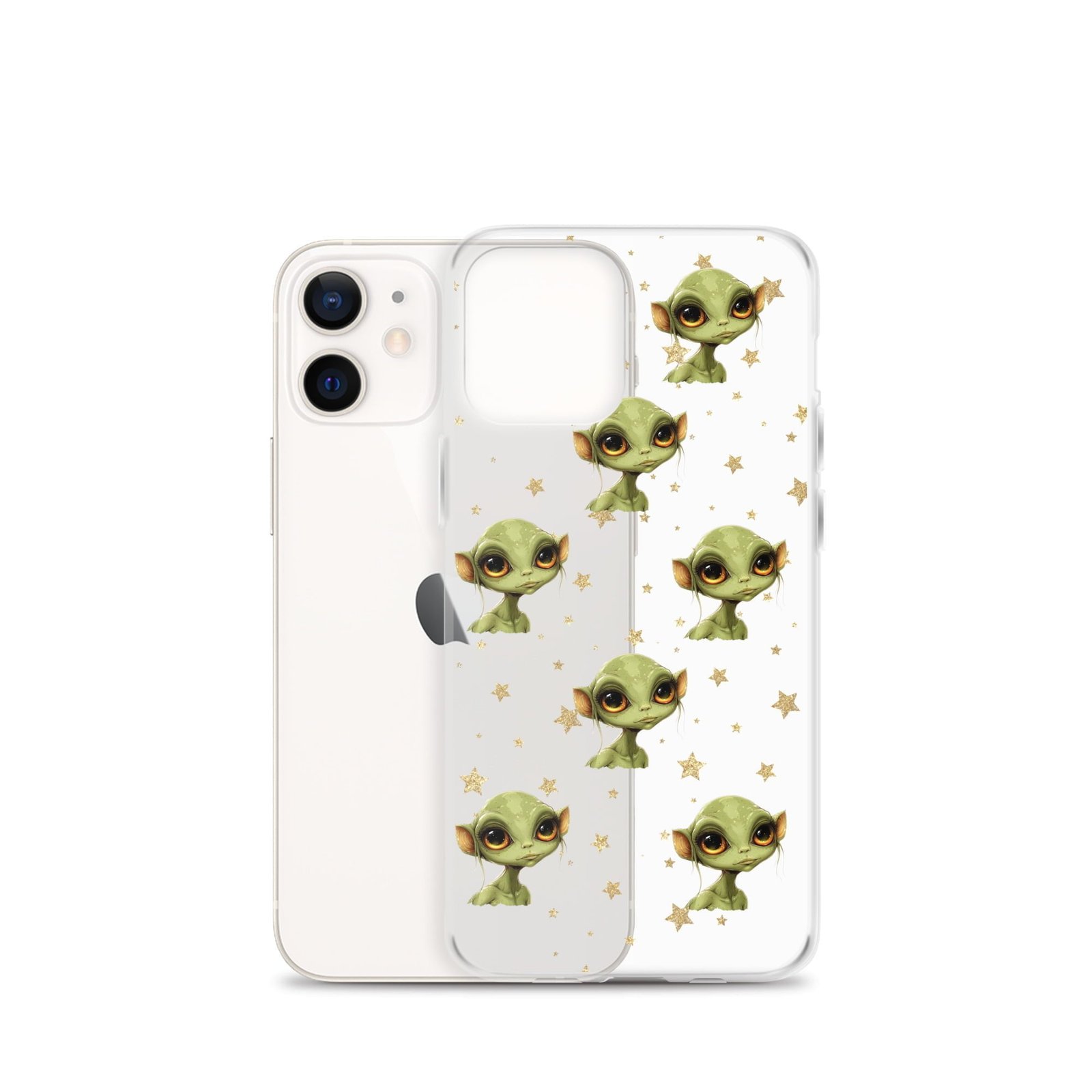 A white cell phone with a green alien design on a clear case.