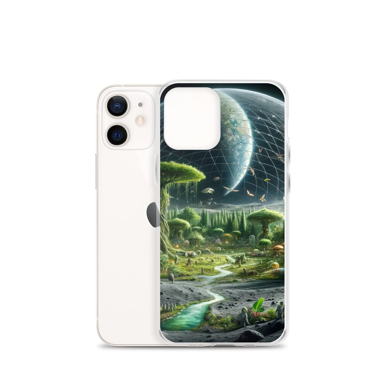 A clear iphone case with an image of trees and a planet.