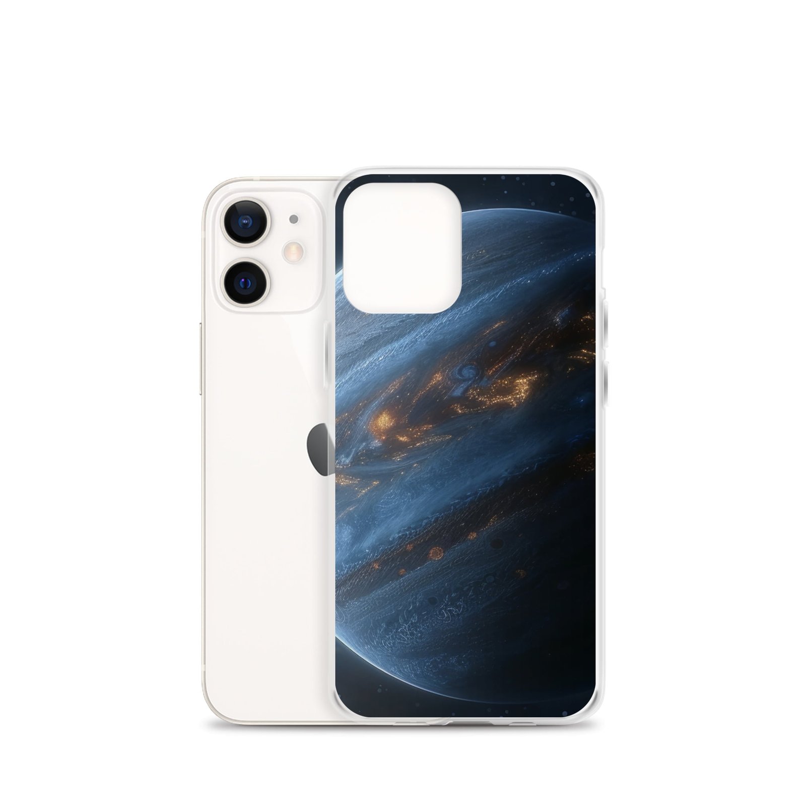 A blue iPhone case with an image of the planet Jupiter.