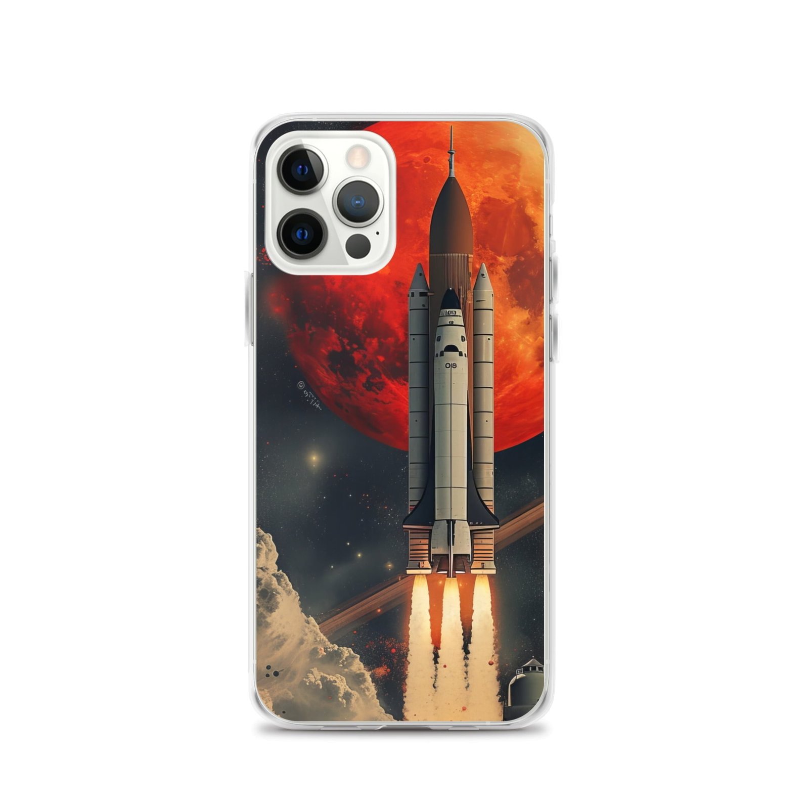 This clear iPhone case is perfect for any space enthusiast, with a design featuring a NASA space shuttle launch.