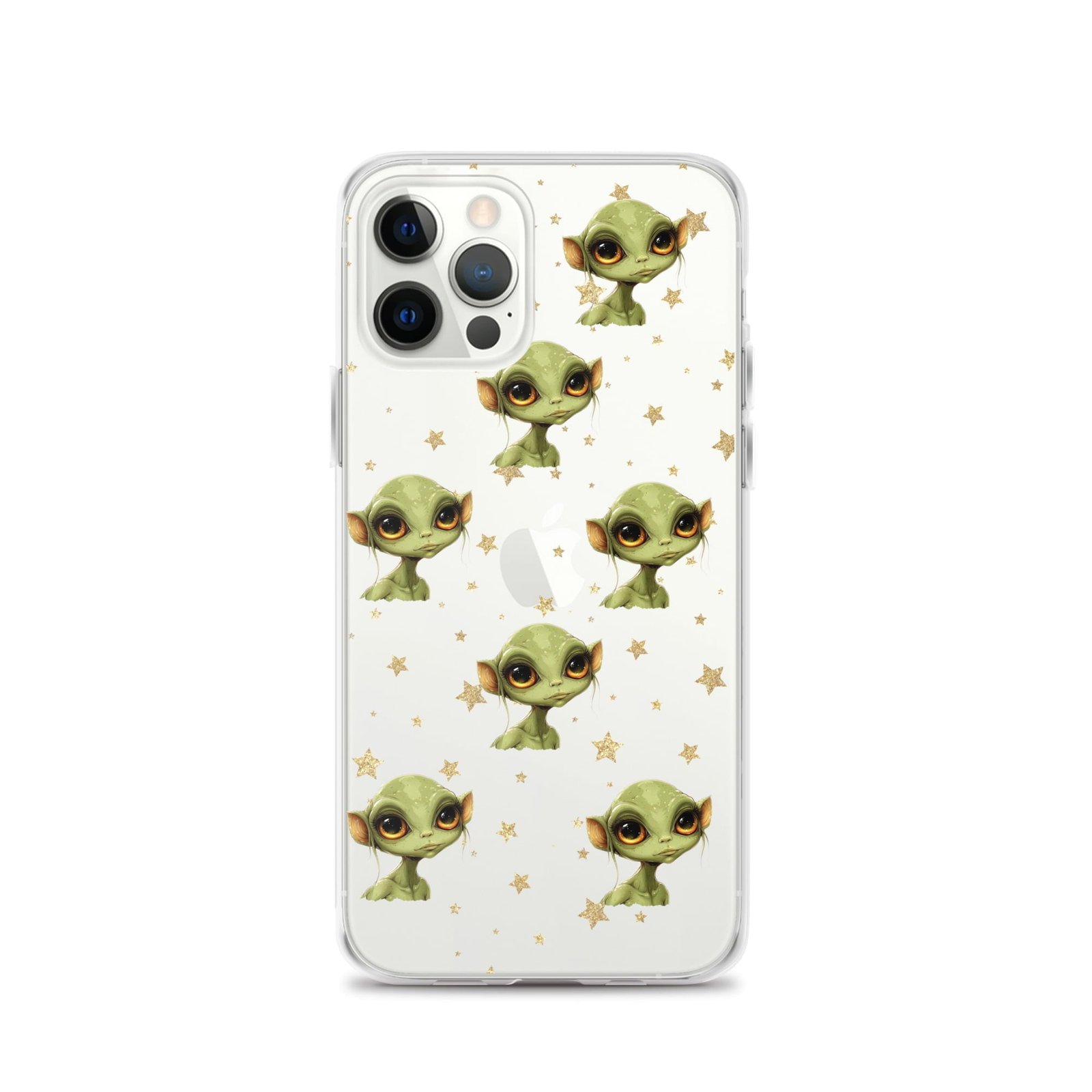 A clear phone case with green aliens and stars on it for iPhone.