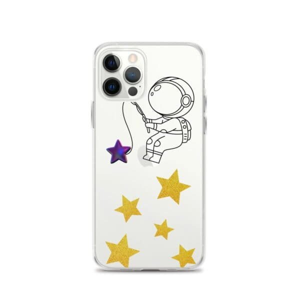 A clear iPhone case adorned with an astronaut reaching out, as if catching stars.