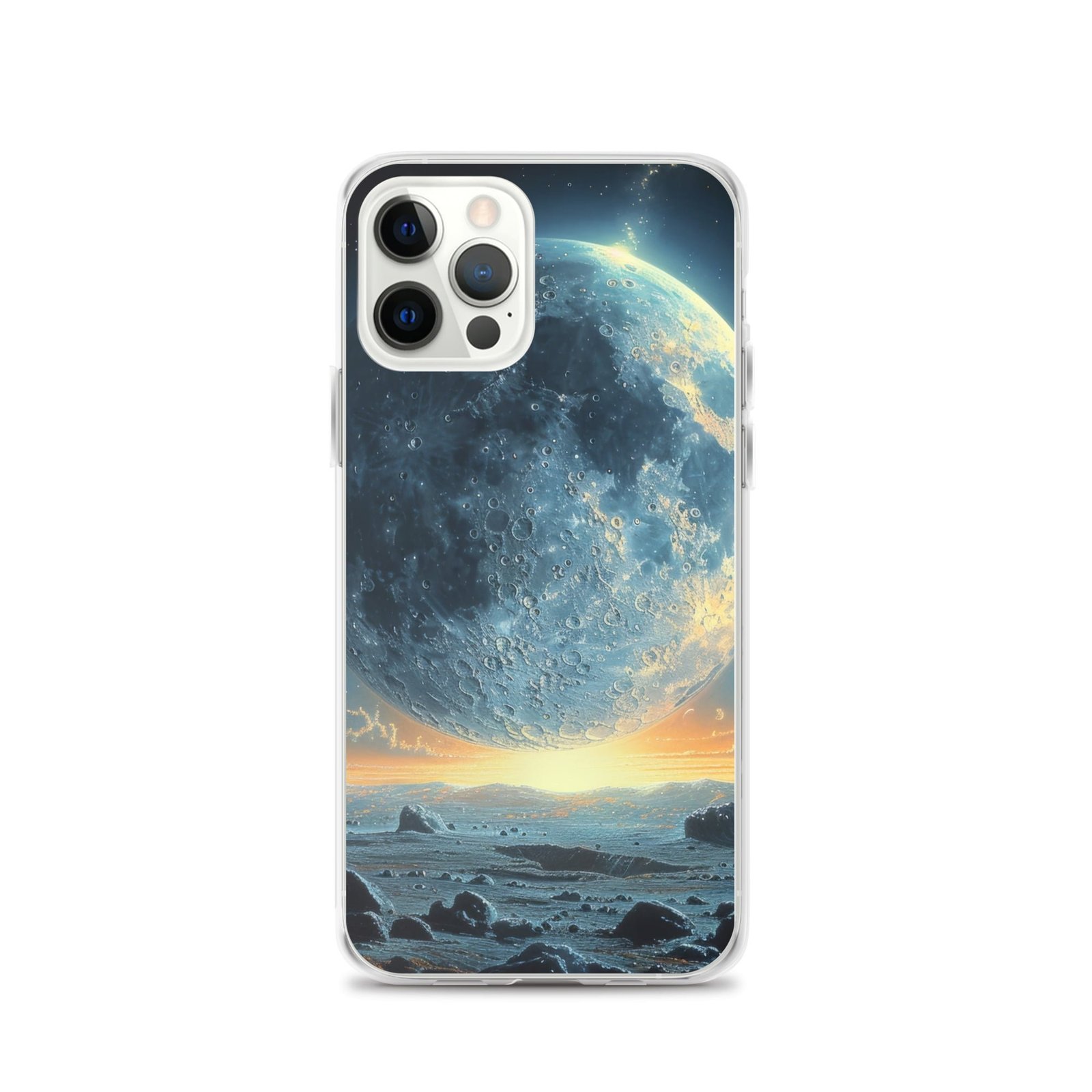 A clear iPhone case featuring an image of the moon and rocks, bringing you closer to the Moon.