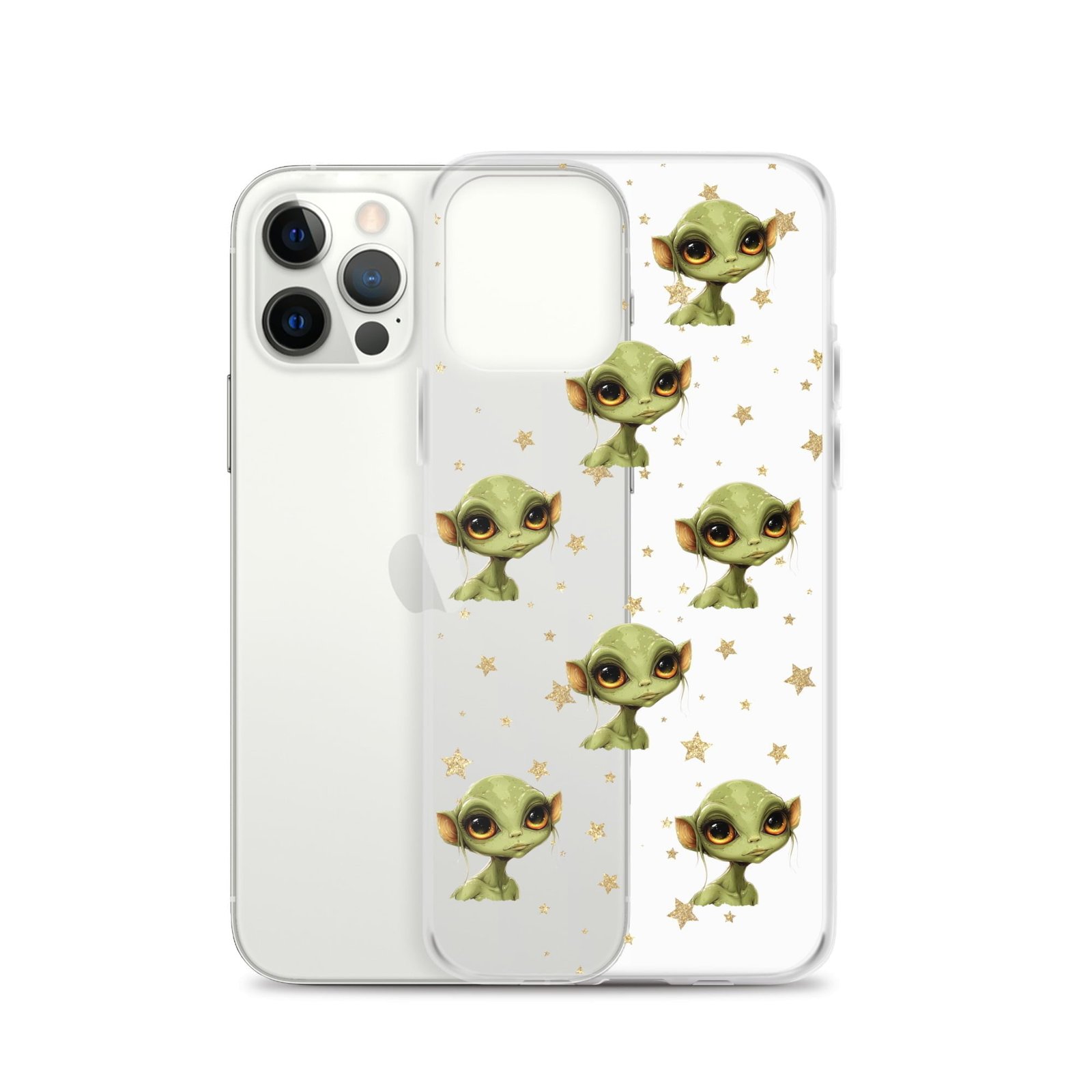 A white iPhone case with green elves and stars on it.