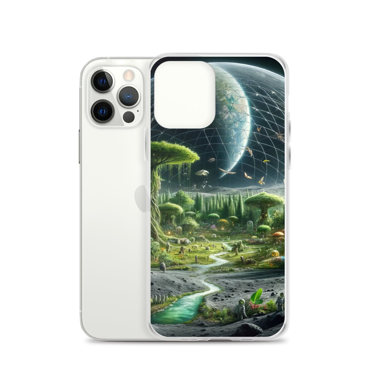 A clear case for the iPhone with an image of a planet depicting vibrant life, adorned with trees and a river.