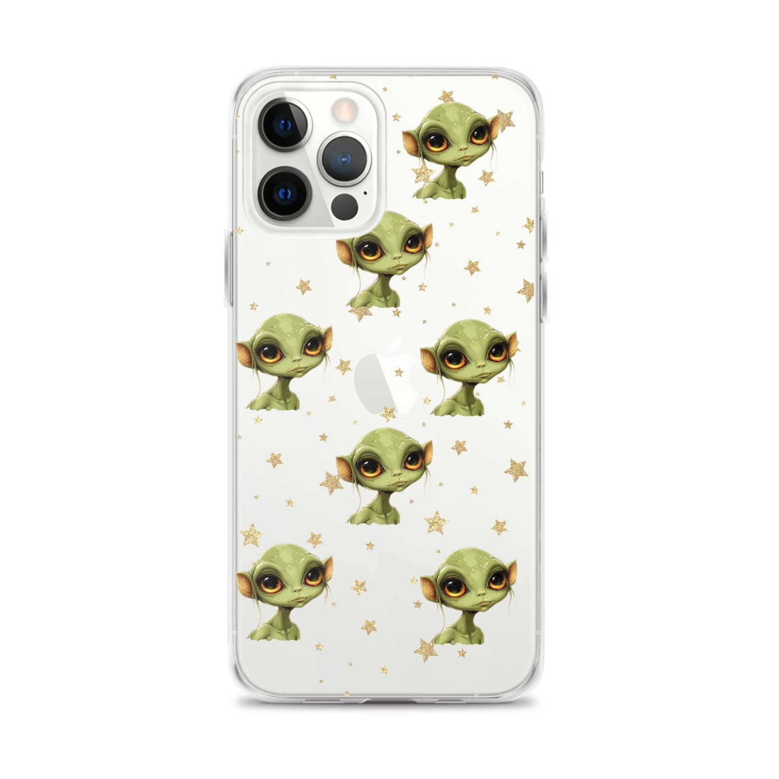 A white iPhone case with little elves on it featuring a clear case.