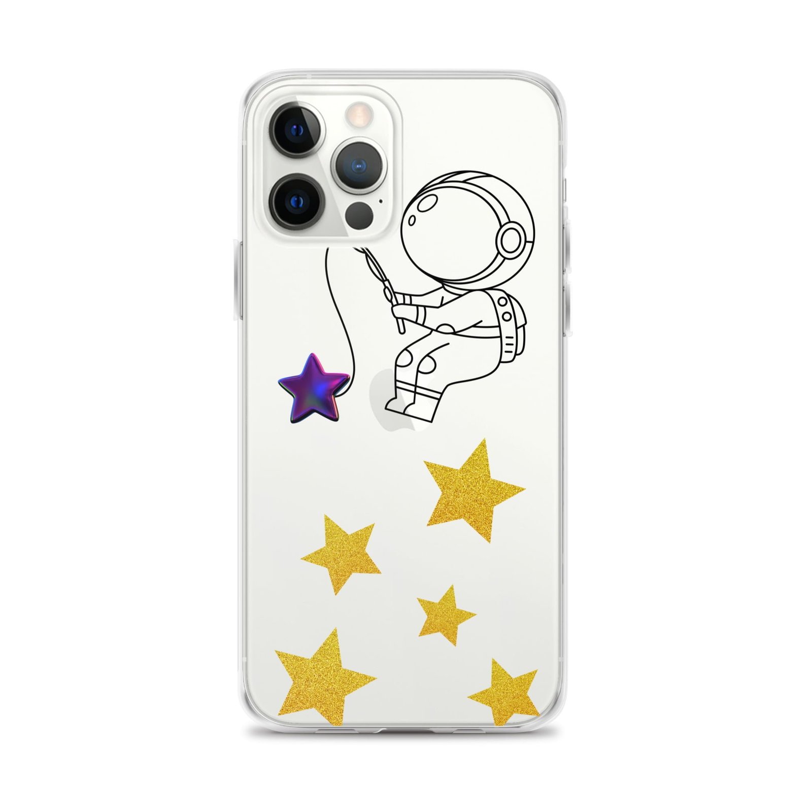 A clear iPhone case featuring an astronaut reaching out to catch stars.