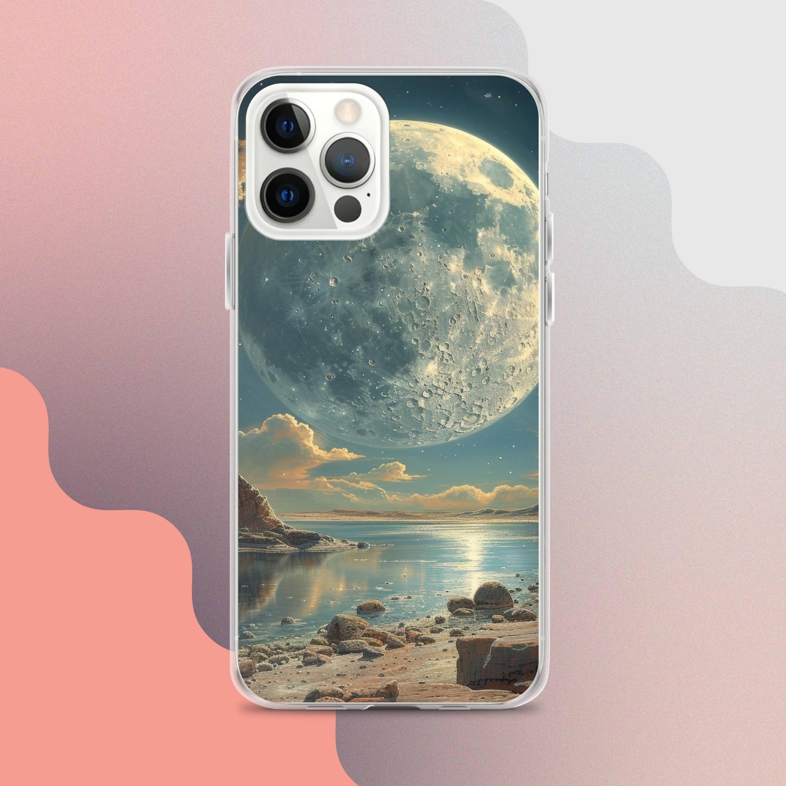 A clear iPhone case featuring an image of the moon reflection on water.