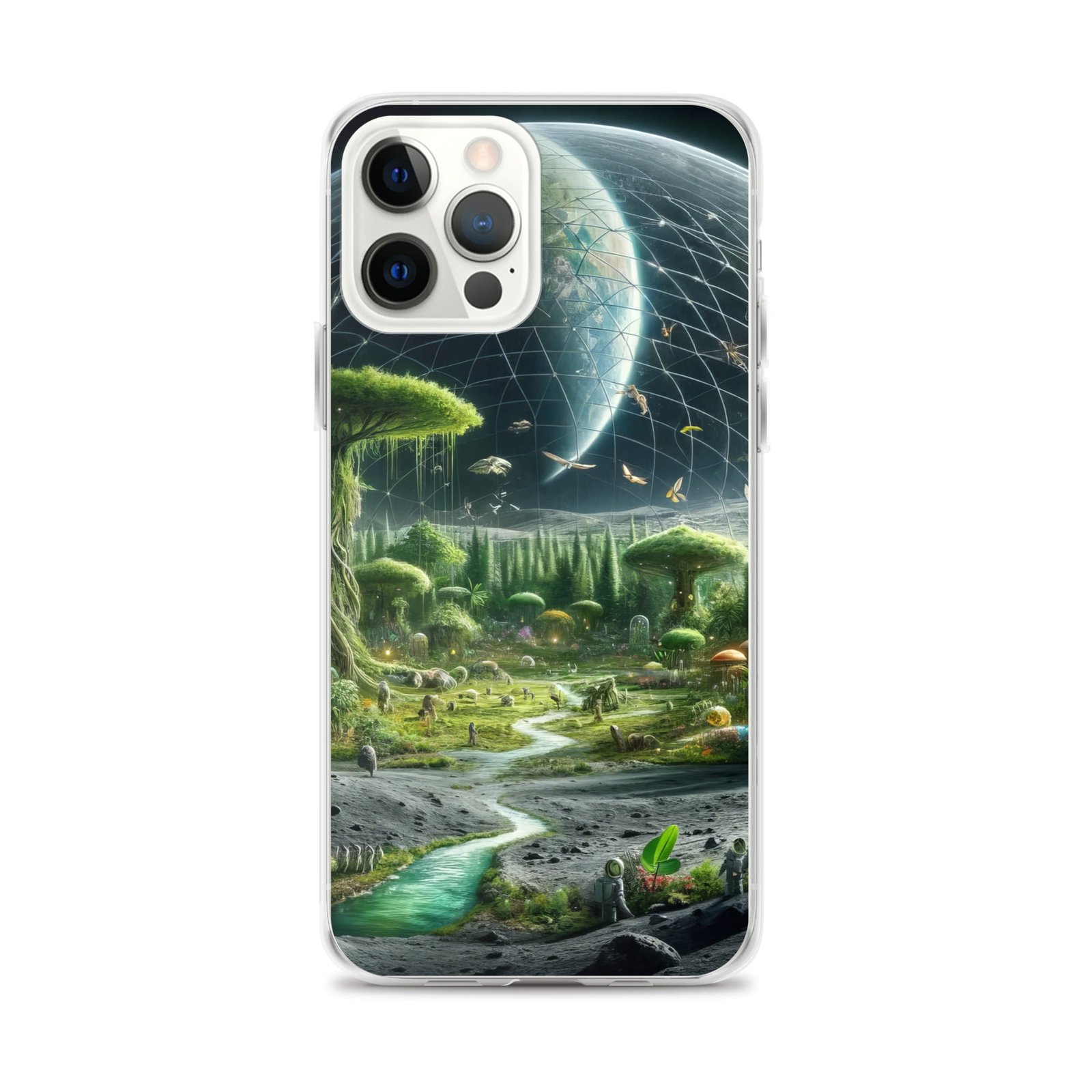 A clear iPhone case showcasing a picturesque image of a planet teeming with life, featuring lush trees and a meandering river.