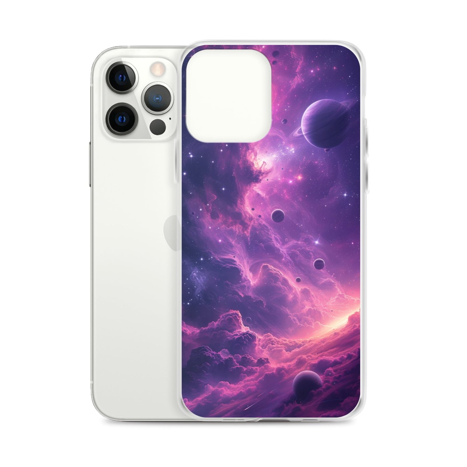 This iPhone case features a stunning purple galaxy with the inclusion of planets, perfect for those who appreciate beauty in their phone accessories.