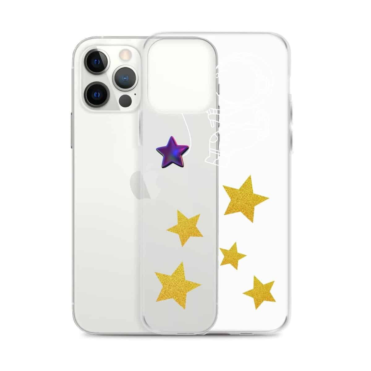 A clear iPhone case adorned with stars, perfect for a Black iPhone.
