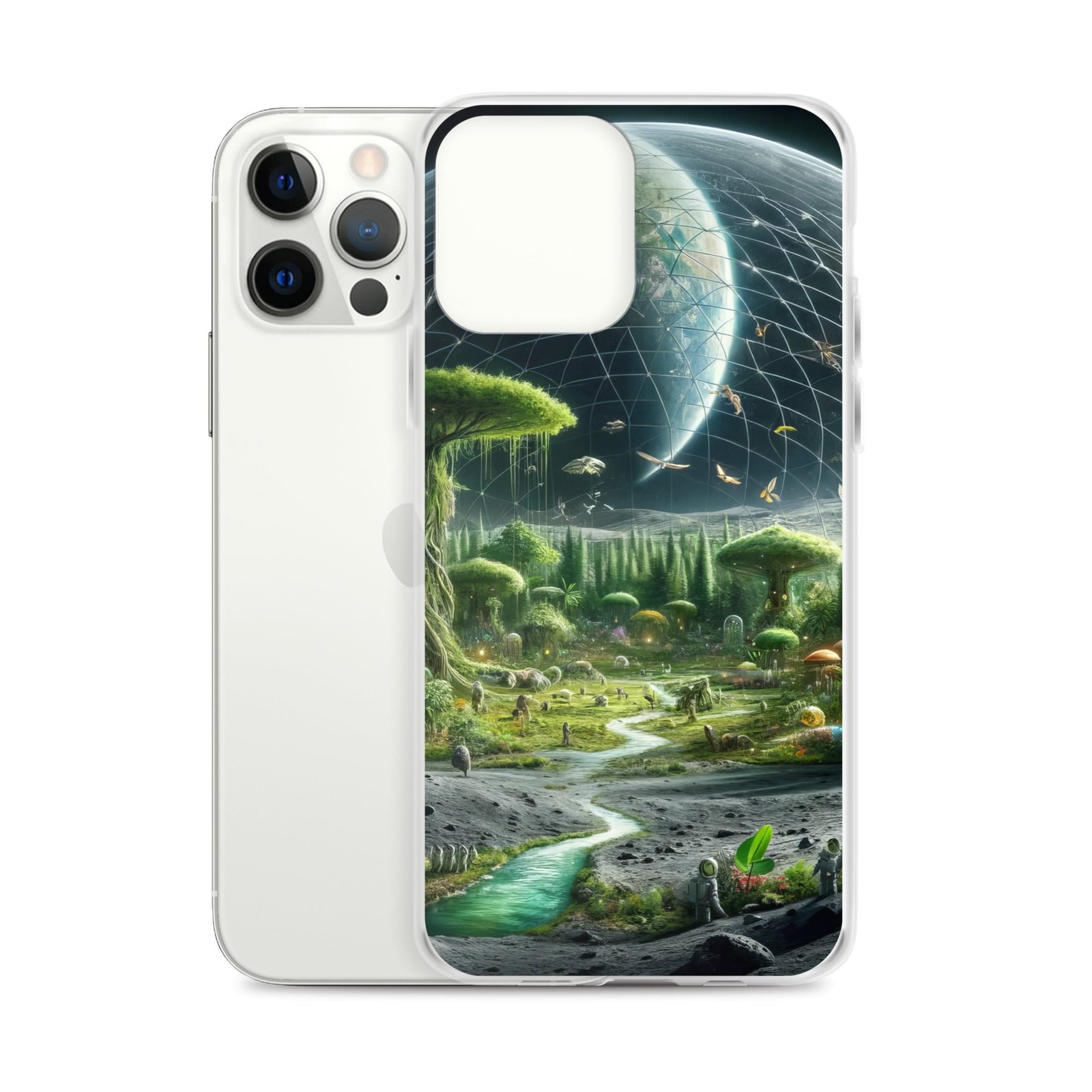 A clear case with an image of a moonlit alien landscape.