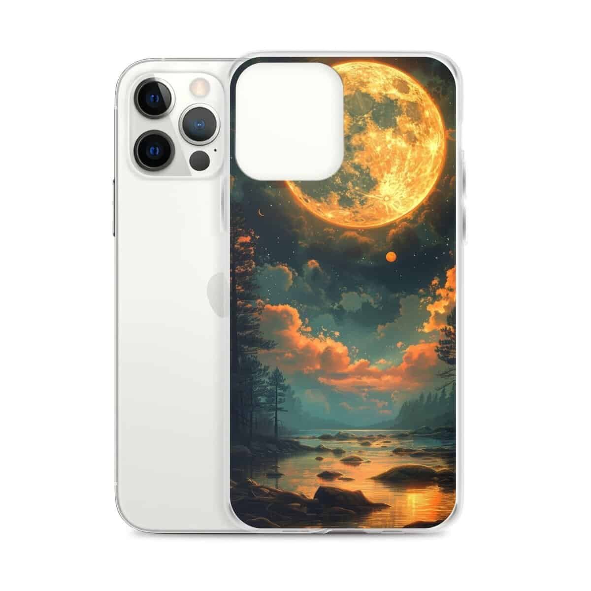 The Moon Clear Case for iPhone: a stunning representation of the moon suspended over a serene lake.
