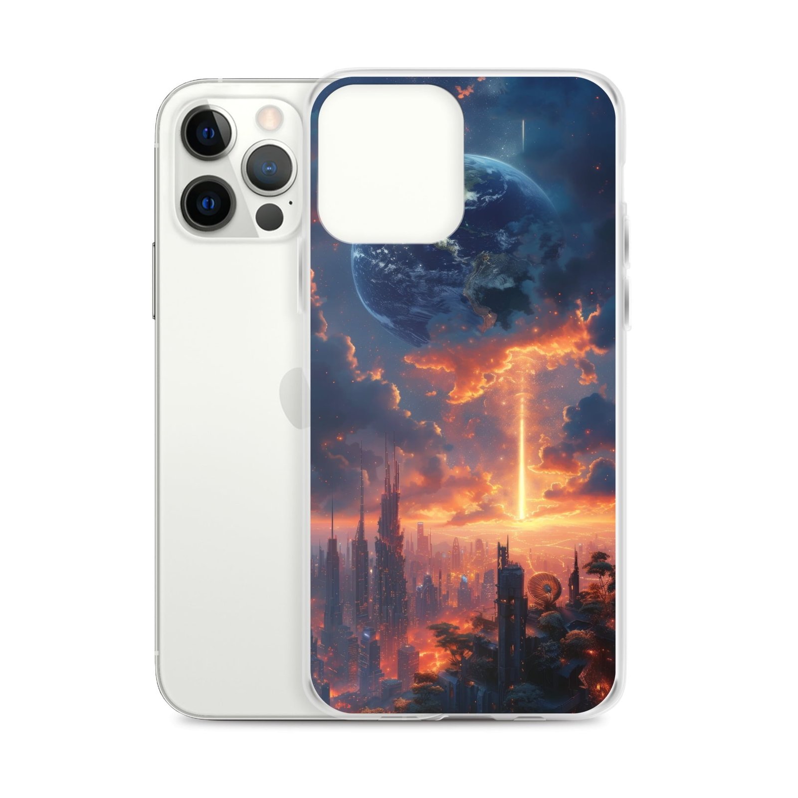 A clear iPhone case featuring an image of a city at sunset.