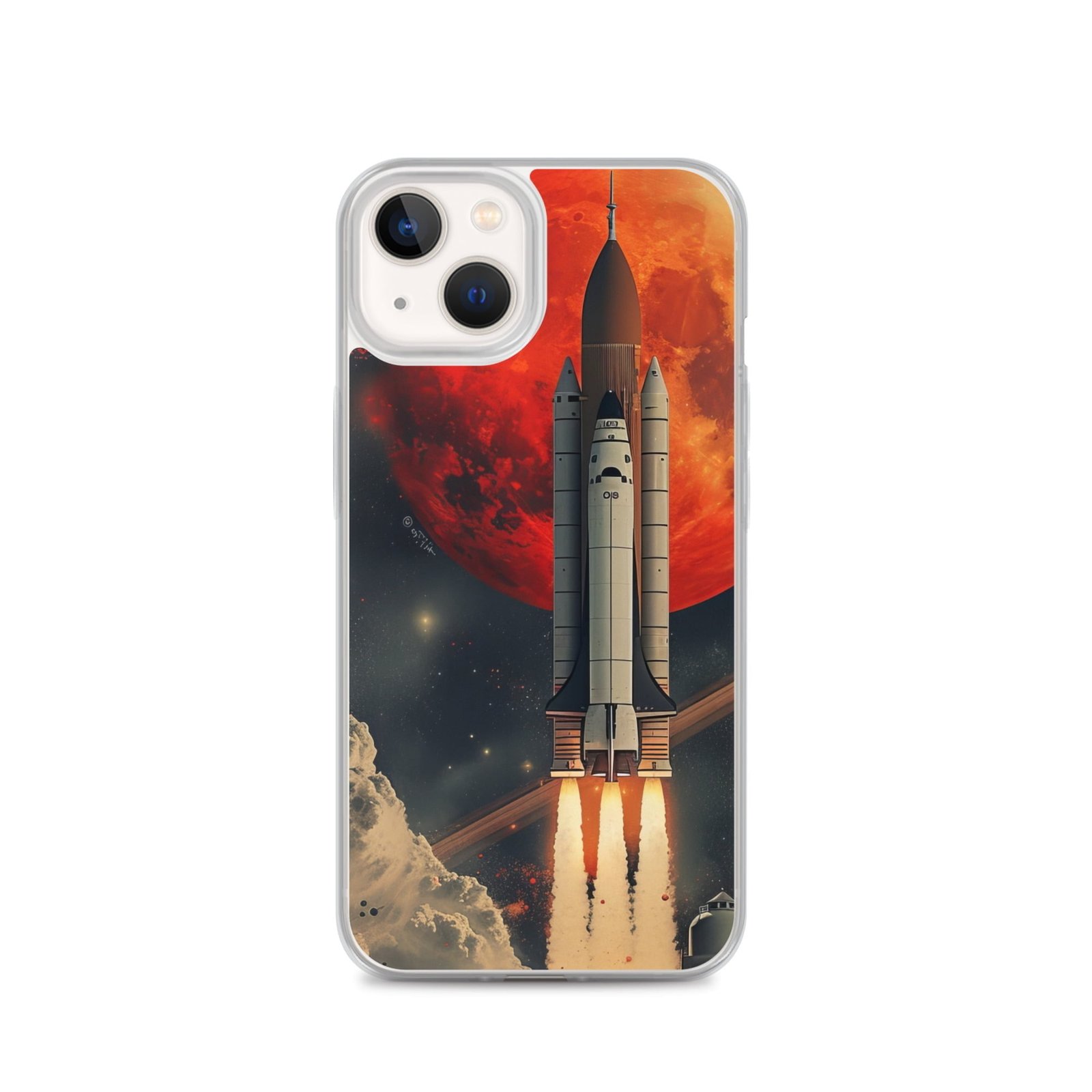 An iPhone case with a clear image of a space shuttle taking off.