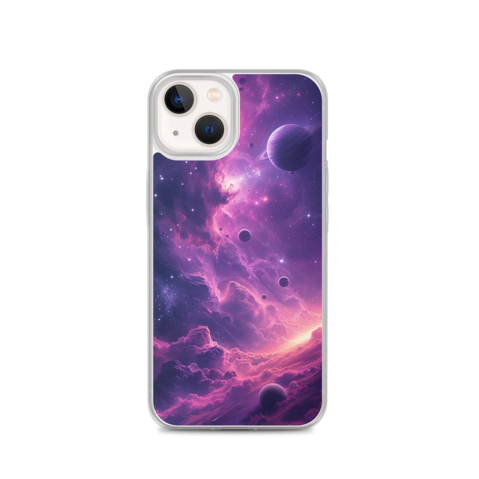 A beautiful iphone case featuring a vibrant purple galaxy with planets.