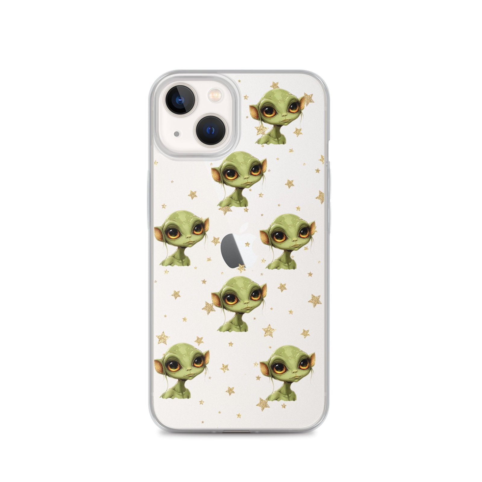 A clear iPhone case featuring Deep Space Aliens and stars.
