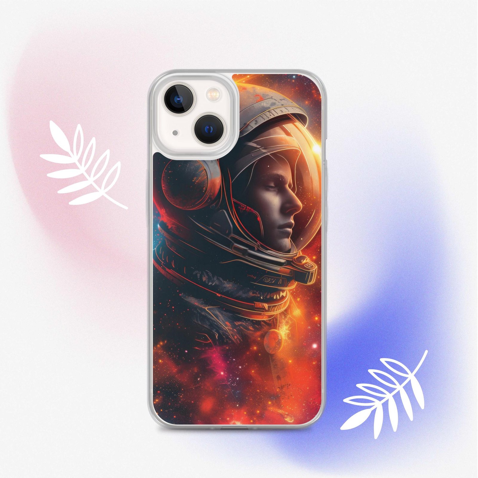 A clear phone case featuring an astronaut in the universe.