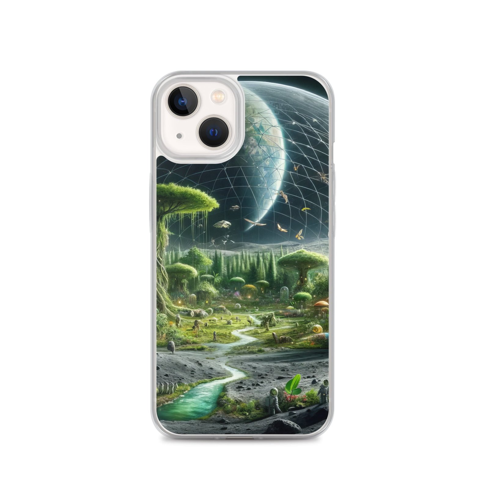 A clear iPhone case featuring an image of an alien landscape on the moon.