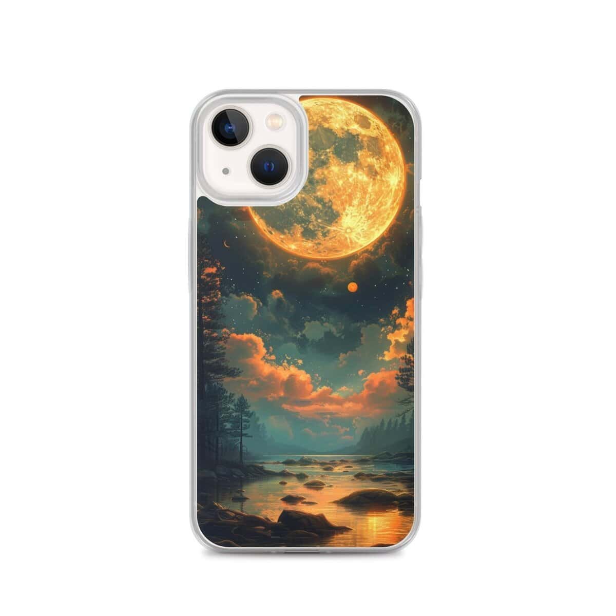 A clear phone case with a full moon in the sky.