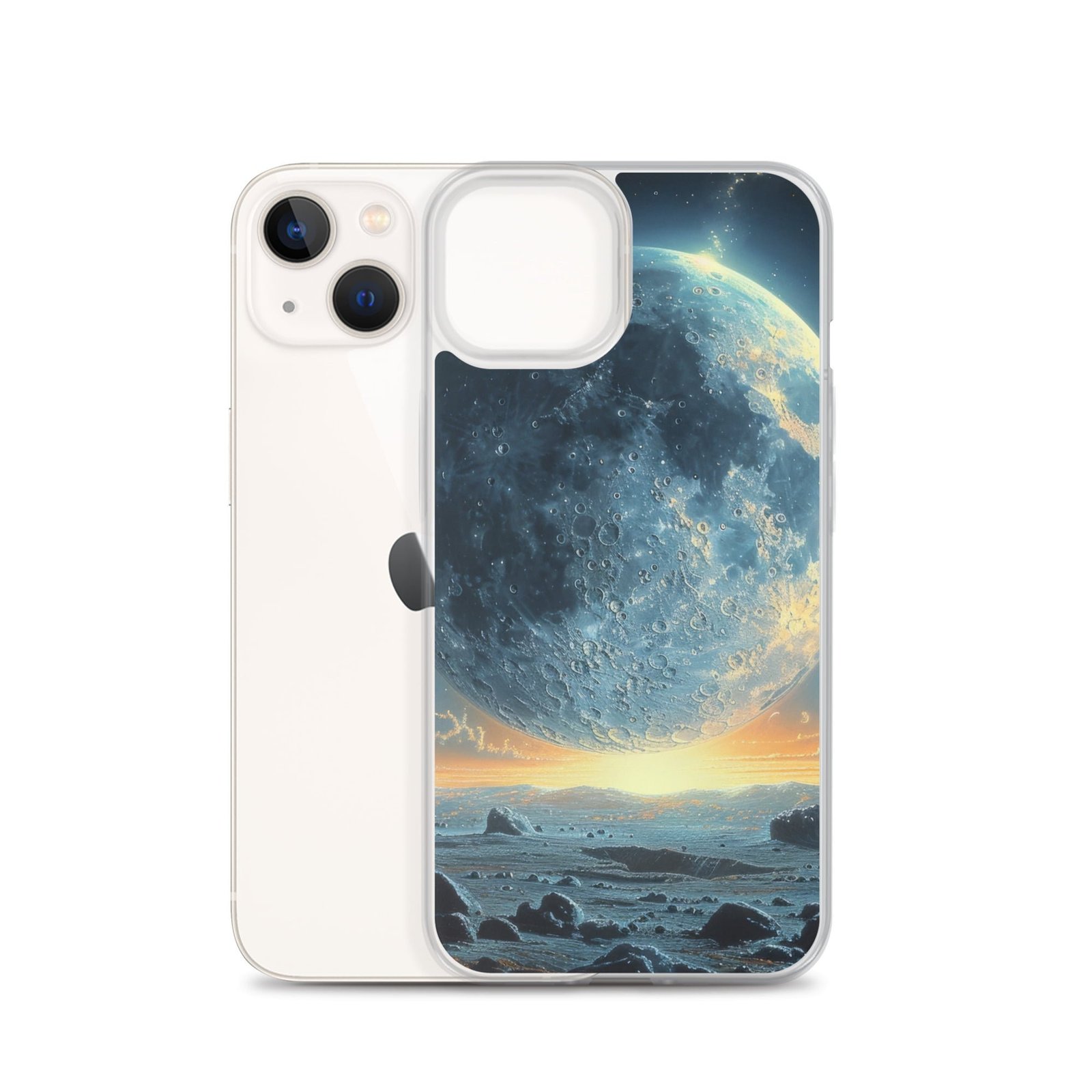 A clear iPhone case featuring an image of the moon, bringing you closer to the celestial beauty.