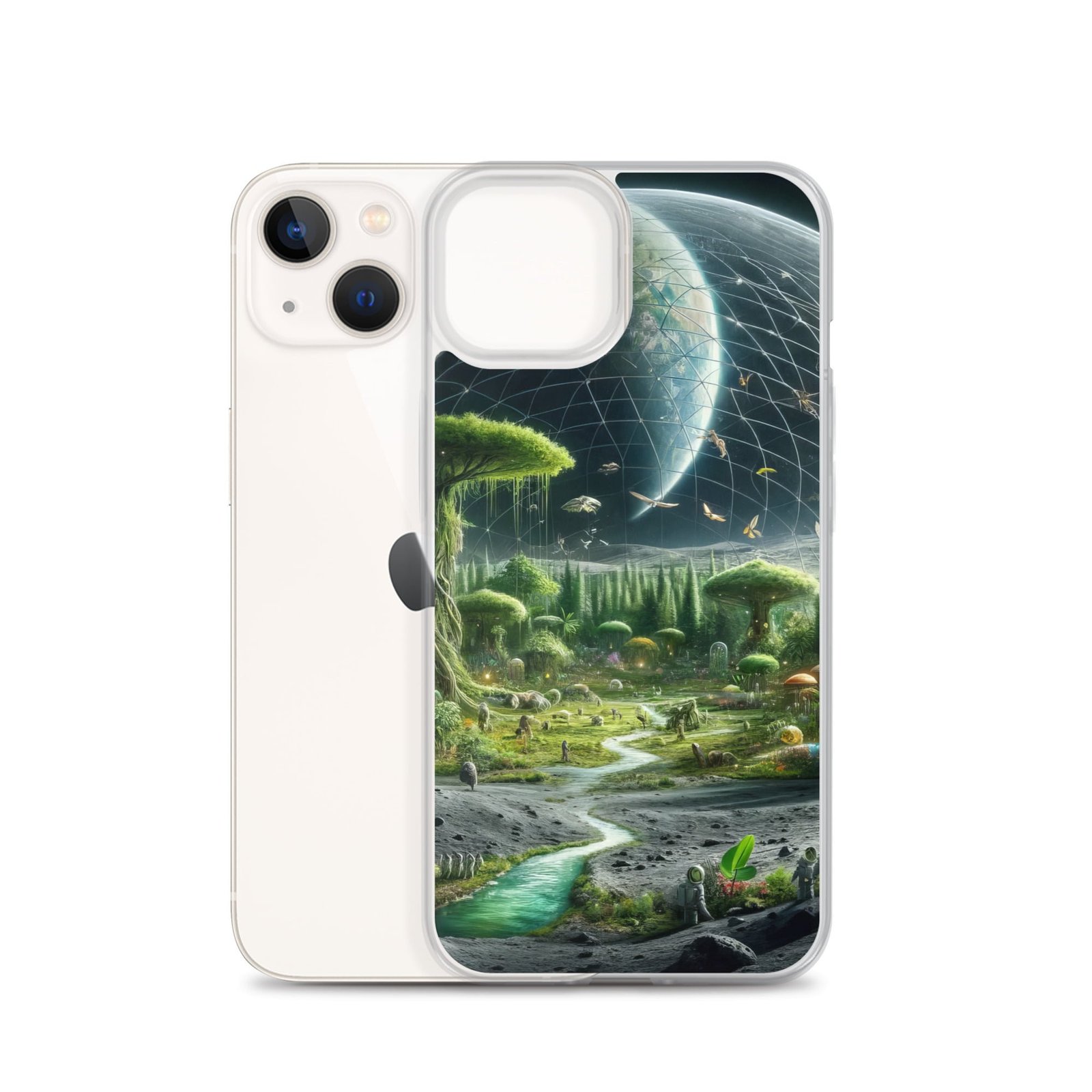 A clear case for iPhone featuring an image of a mesmerizing alien landscape.