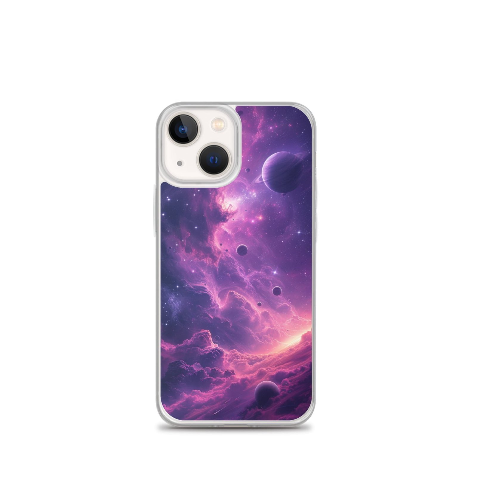 Experience the mysteriously beautiful world beyond with our iPhone case adorned with a captivating purple galaxy and planets.