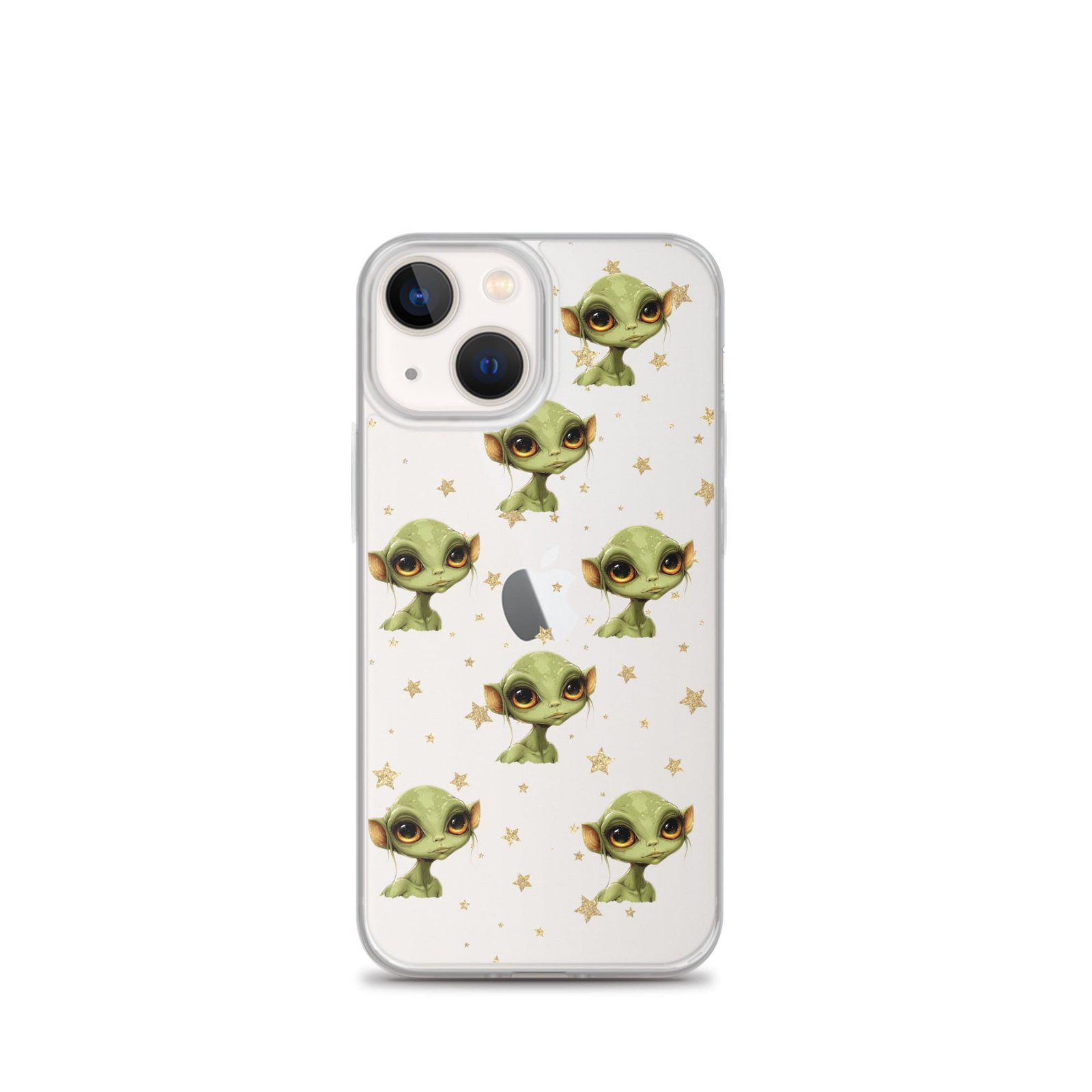 A clear phone case with stars and elves on it.