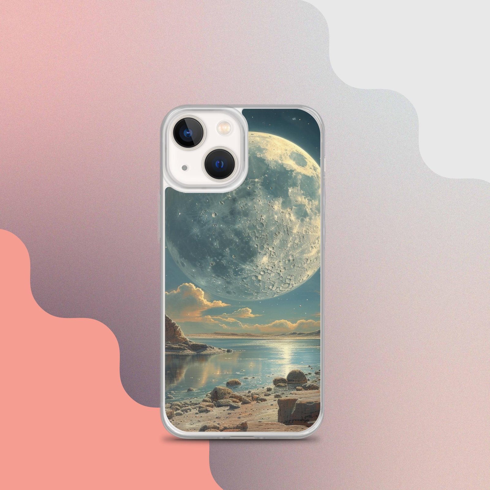 A clear phone case featuring an image of the moon and rocks, perfect for iPhone users.