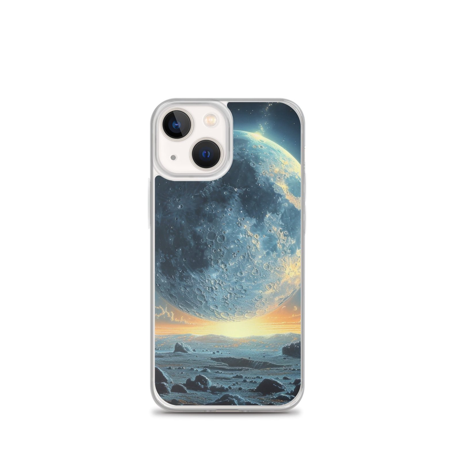 A Clear iPhone case featuring the moon in the background, bringing you closer to its celestial beauty.