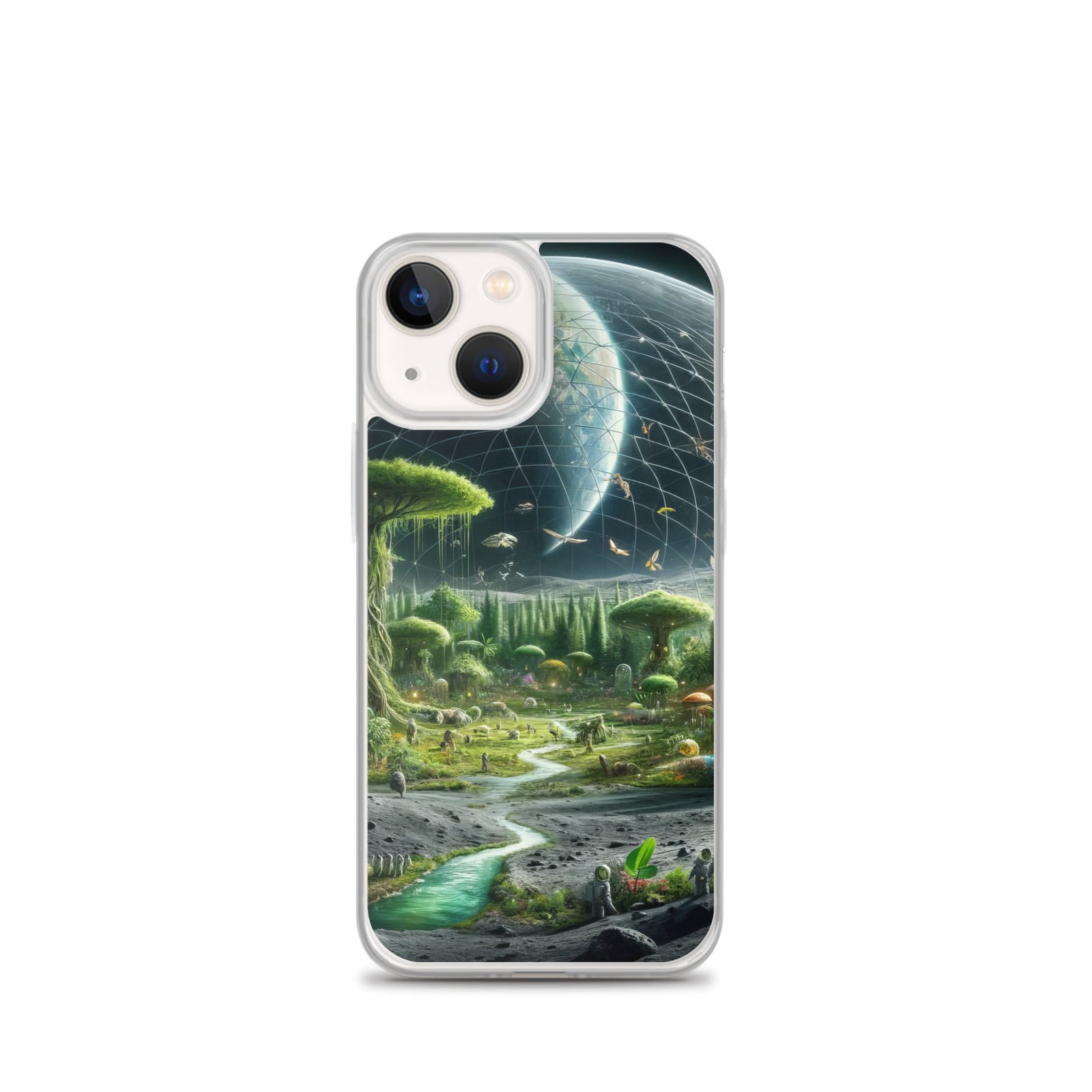 A clear iPhone case featuring an image of an alien planet.