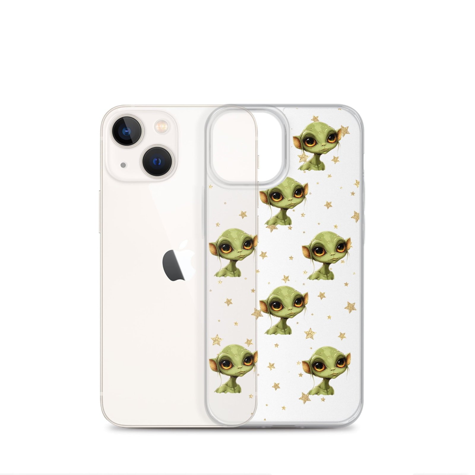 A clear iPhone case featuring an adorable image of Baby Yoda, the lovable alien from deep space.