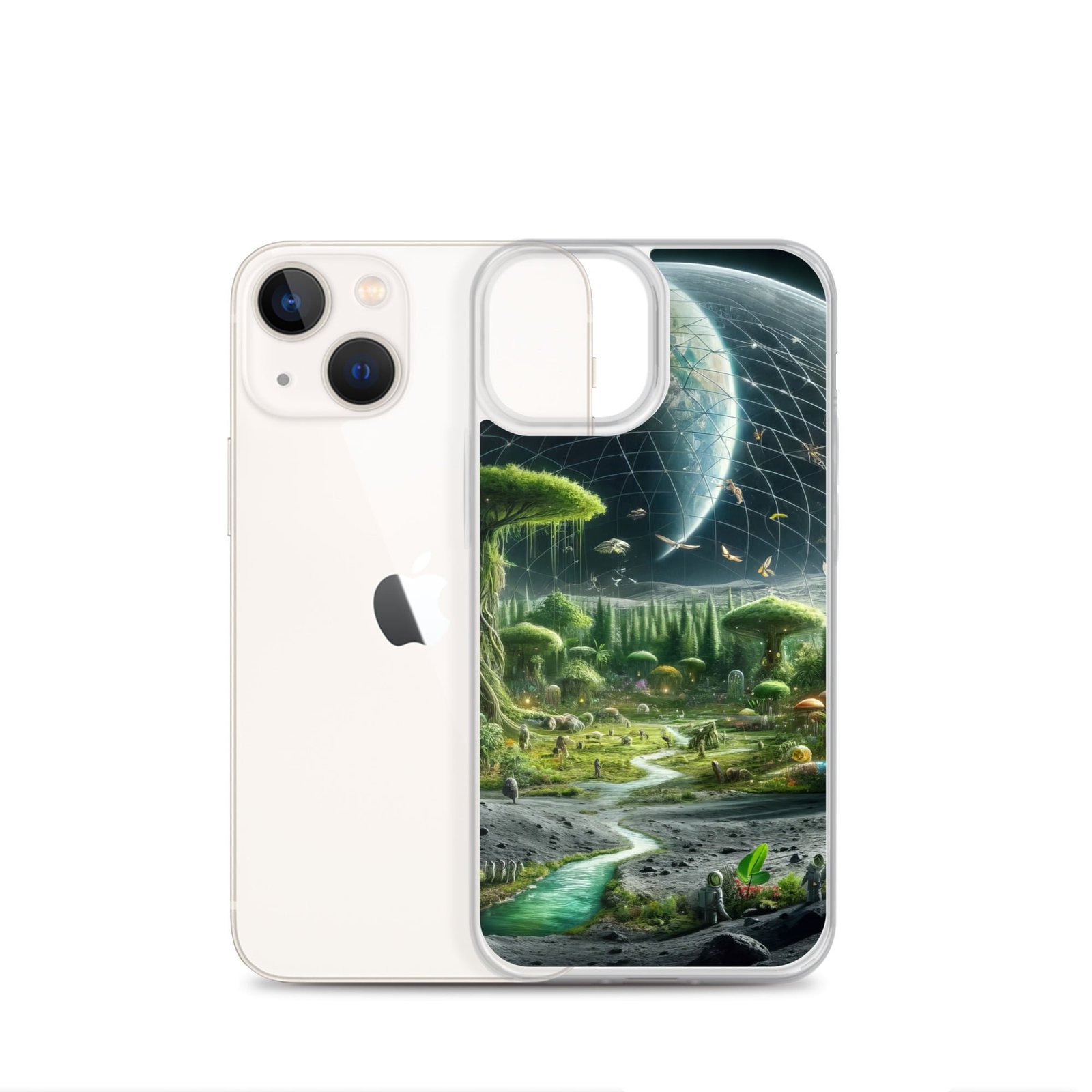 A clear case for an iPhone featuring an image of an alien planet.
