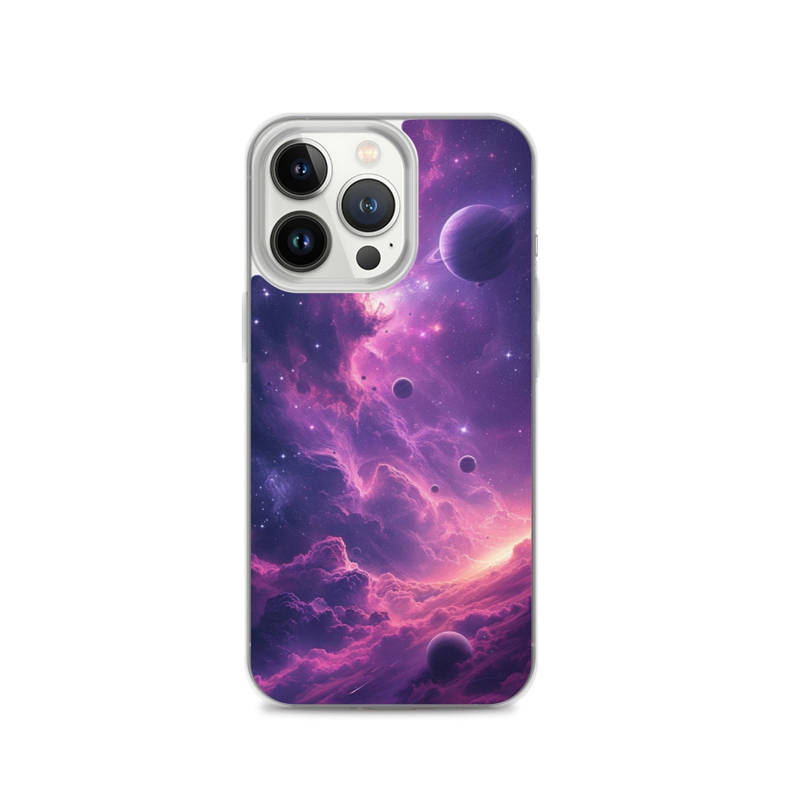 An iPhone 11 Pro case featuring a stunning purple galaxy and planets, perfect for the beauty-themed enthusiasts.