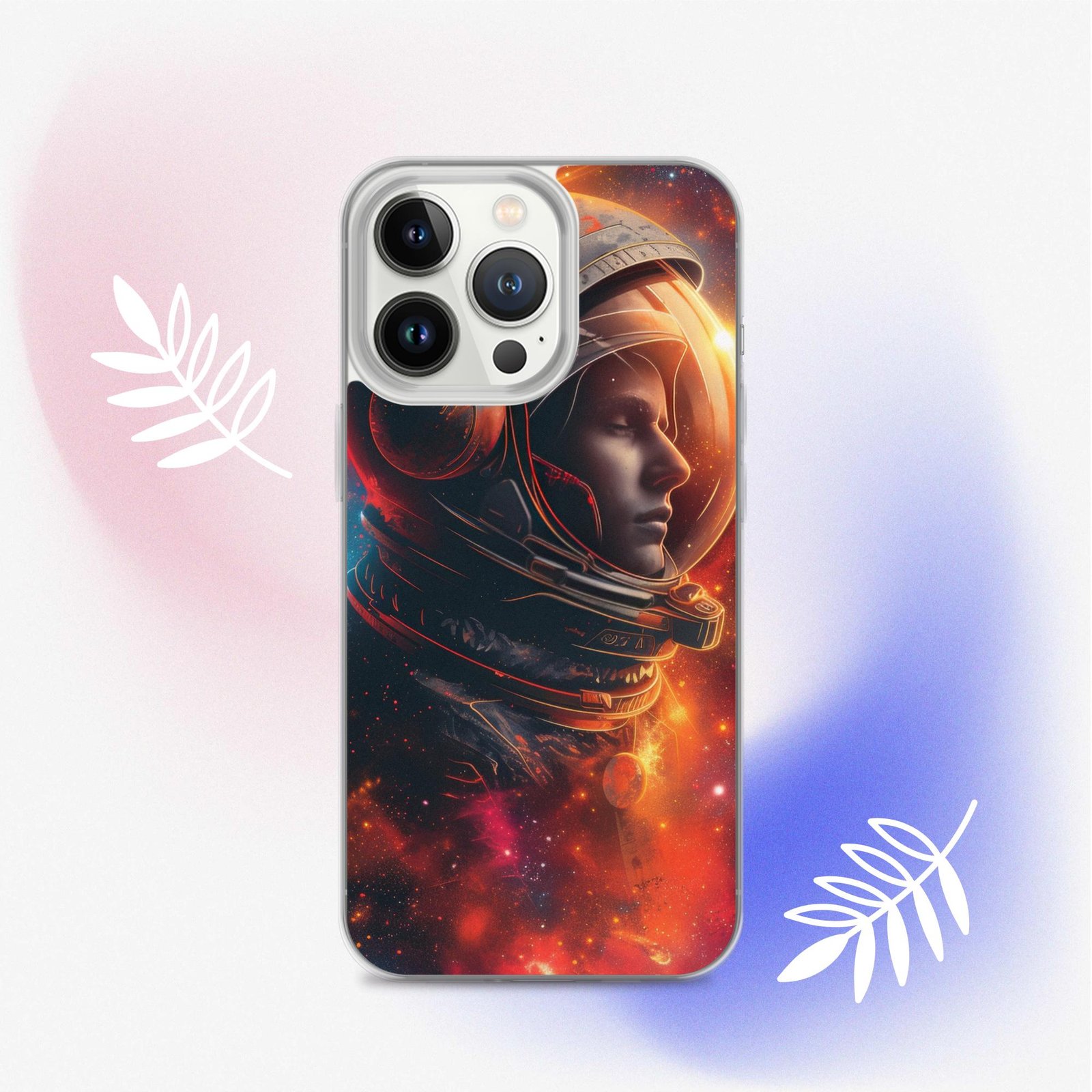 A clear phone case featuring an image of an astronaut floating in the vast universe.
